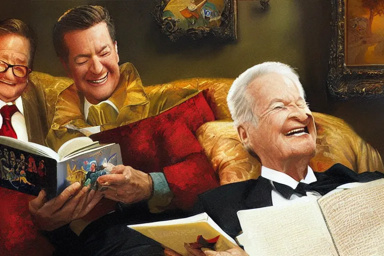 Image similar to portrait of rod roddy reading a bedtime story to bob barker in bed, an oil painting by ross tran and thomas kincade