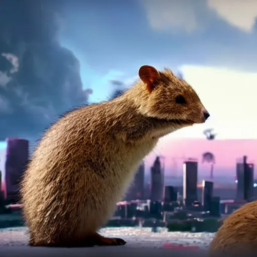 Prompt: gigantic 1 0 0 meters quokka attacking a city, epic cinematic, 4 k, very high detail