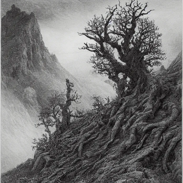 Prompt: an engraving of a lone gnarled tree clinging to a scree slope by gustave dore, john blanche, ian miller, highly detailed, strong shadows, depth, illuminated focal point