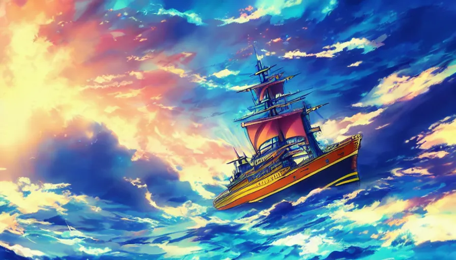 Prompt: one piece ship sailing, dynamic sky, sun sunset, with blue light piercing through clouds, makoto shinkai, royal blue colors, lighting refraction, volumetric lighting, pixiv art, highly detailed, anime art, symmetrical, wlop, anime art