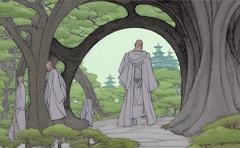 Image similar to a hyperrealist watercolour concept art of a dimensional time portal in the shape of an arch of trees. a medieval monk in grey robes is in the foreground. a japanese temple is in the background. very muted colors, post grunge, by rebecca guay, michael kaluta, charles vess and jean moebius giraud. high detail, hq, wide shot, 4 k