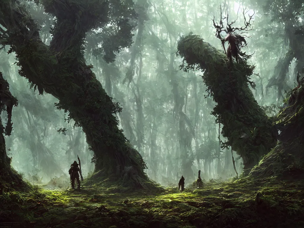 Image similar to a walking druid abomination, heavily forested, overgrown trees, beautiful lighting, beautiful landscape beautifully designed character, award winning collaborative painting by geg ruthowski, alphonse murac, craig mullins, ruan jia, wlop, yoji shinkawa, collaborative artwork, exquisitely high quality and detailed, overwhelmingly favorited by critics, game wallpaper