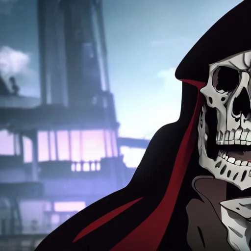 Prompt: a close shot of a grim reaper as gunsliger man in trigun series, skull face, movie shot, anime, hightly detailed, rescalated 4 k, detailed