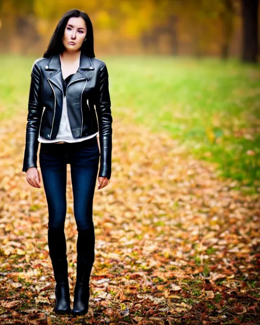 Prompt: young woman in her 20s, she wears a leather jacket and boots, full body view, taken by a nikon, very detailed face