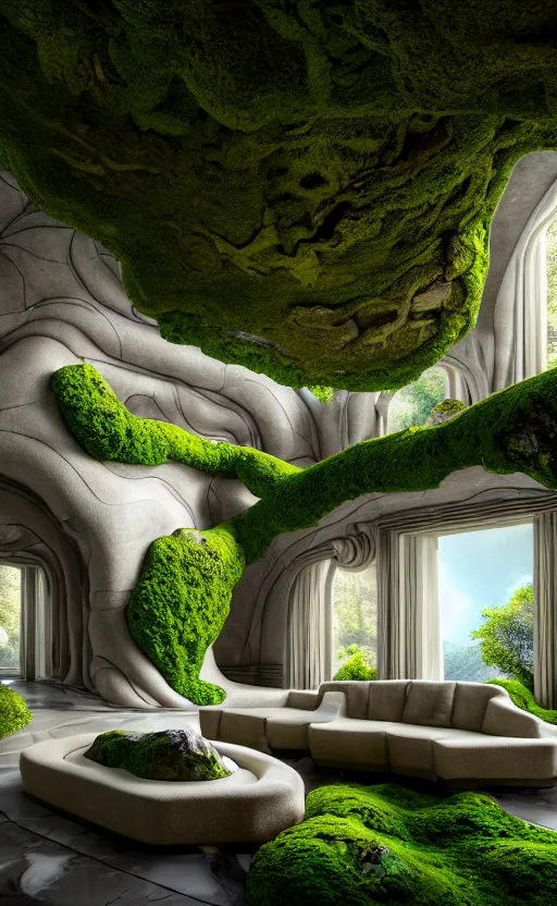 Image similar to highly detailed villa natural beautiful light interior soft cinematic composition of a smooth ceramic porcelain biomorphic magnolia stone nebula fluid sci - fi surreal architecture landscape, furniture, granite, trees, marble, moss, lichen, fungi, vincent callebaut composition, mamou - mani, archviz, 8 k, unreal engine, hdr