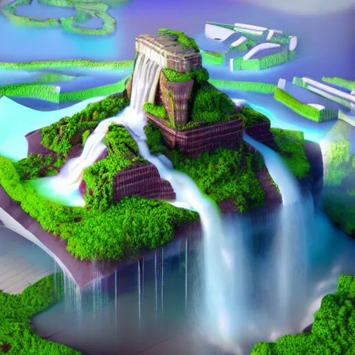 Image similar to manhattan on a floating island with a waterfall in the sky, low poly art, isometric art, 3d render, ray tracing, high detail, artstation, concept art, behance, smooth, sharp focus, ethereal lighting