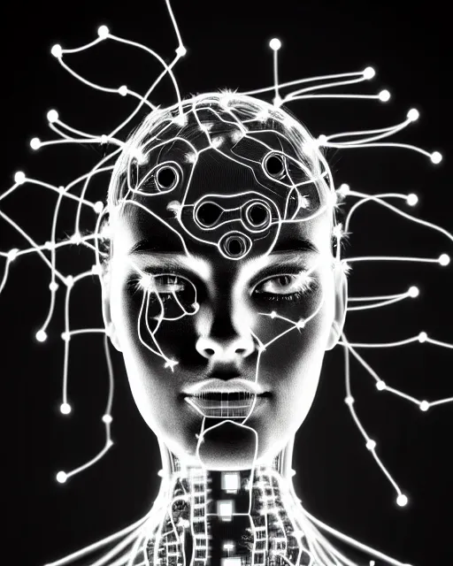 Image similar to black and white connected cyborg - plant goddess high quality photo, microchip, artificial intelligence, bio - mechanical bio - luminescence, black wired cables, neurons, nerve cells, cinematic, rim light, photo - realistic, elegant, high detail, 8 k, masterpiece, high fashion