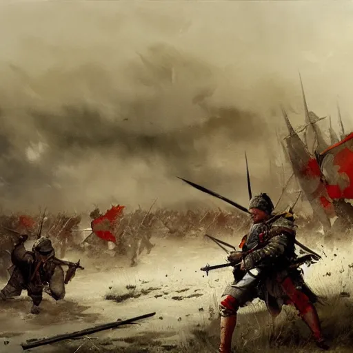 Image similar to battle of grunwald, watercolor painting, jakub rozalski, artstation