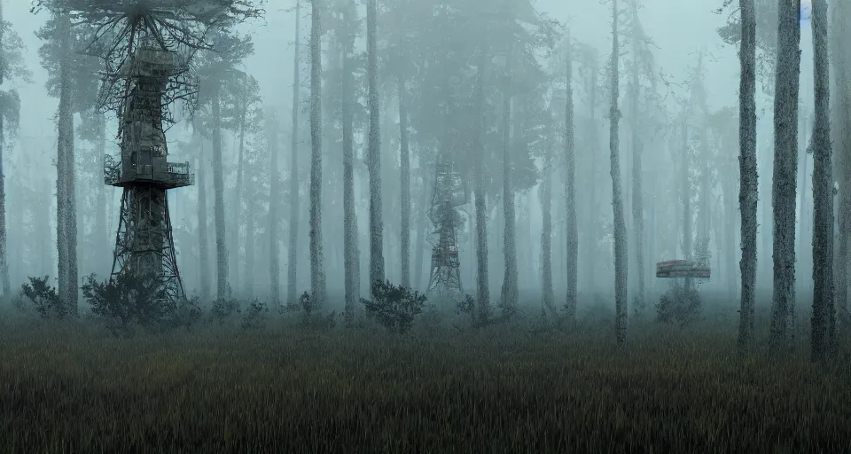 Prompt: Derelict Radio Tower in a pine forest landscape, very foggy and hazy, rendered by zdzisław beksiński, simon stålenhag, Beeple, environment concept, digital art, starwars, unreal engine, 3 point perspective, WLOP, trending on artstation, low level, 4K UHD image, octane render,