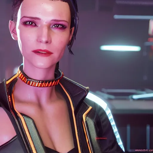 Prompt: female V from Cyberpunk 2077 wearing spiked choker, collar, choker, punk, 4K