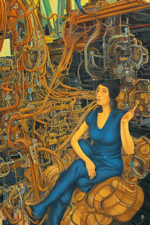 Image similar to realistic portrait of an engineer woman fixing the samsara cluster, fine portrait, concept art, stunning, in the style of brecht evens and jean delville