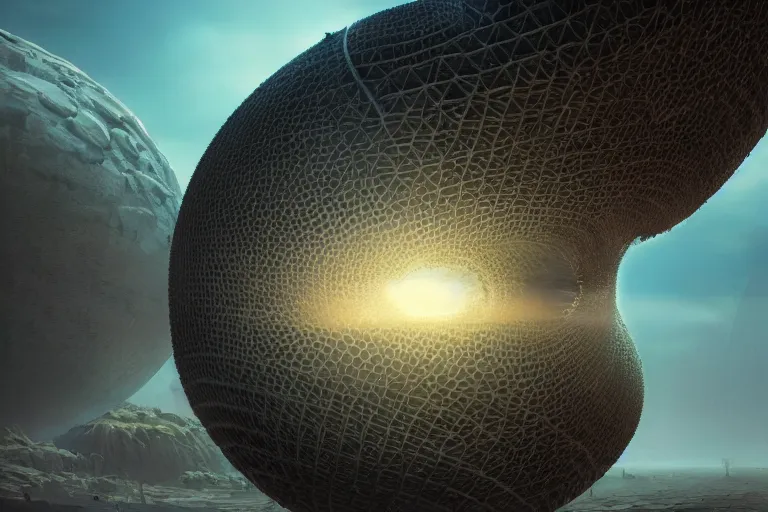 Image similar to A very highly detailed dyson sphere next to a very tiny and very highly detailed smooth Earth concept art by Greg Rutkowski, neofuturistic highly detailed, digital concept art, Dimensional cyan gold natural light, sharp focus, realistic concept art by Stephen Hickman and James Gurney and Hiromasa Ogura rendered in Octane Render, From the distance