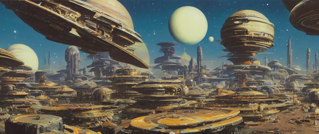 Image similar to a futuristic retro futurism solarpunk space city on a moon orbiting a gas giant by robert mccall and john berkey | ralph mcquarrie :. 5 | unreal engine :. 3