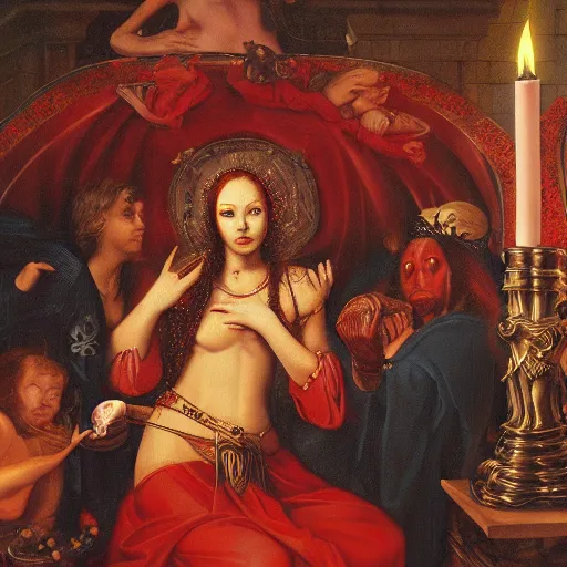 Image similar to the goddess of blood emerging, cultists watching, red hoods, candle lights, renaissance, baroque, gothic, high detail, 8 k