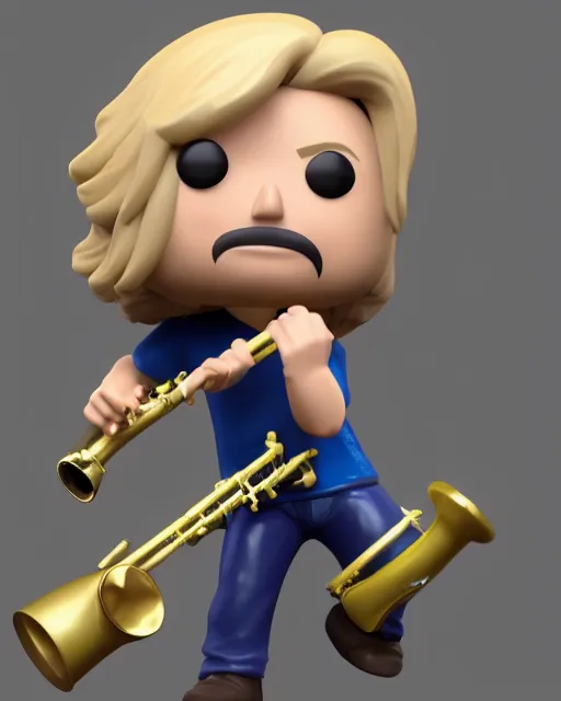 Prompt: full body 3d render of blond hippie man playing sax as a funko pop!, studio lighting, grey background, single body, no shadow, blender, trending on artstation, 8k, highly detailed