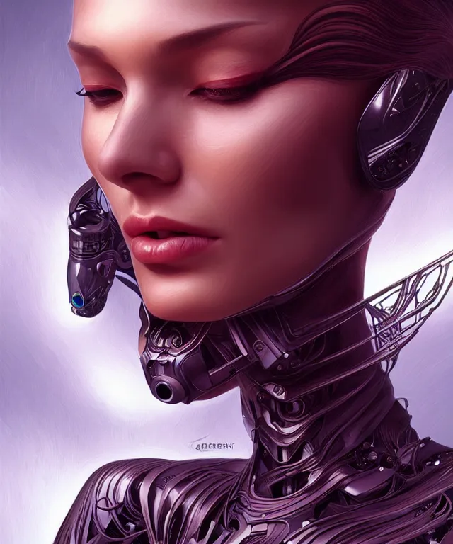 Image similar to Supermodel woman turning into an Android portrait, dark surrealism , scifi, intricate, elegant, highly detailed, digital painting, artstation, concept art, smooth, sharp focus, illustration, art by artgerm and moebius and alphonse mucha