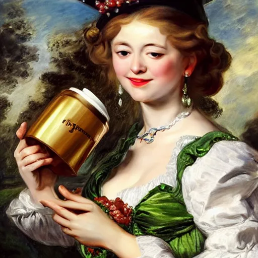 Prompt: heavenly summer sharp land sphere scallop well dressed lady holding a starbucks coffee cup, auslese, by peter paul rubens and eugene delacroix and karol bak, hyperrealism, digital illustration, fauvist, starbucks coffee cup green logo