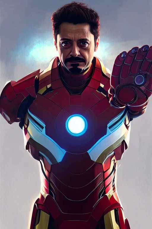 Image similar to volodymyr zelensky looks like tony stark, portrait, iron man, highly detailed, digital painting, artstation, concept art, smooth, sharp focus, illustration, cinematic lighting, art by artgerm and greg rutkowski and alphonse mucha