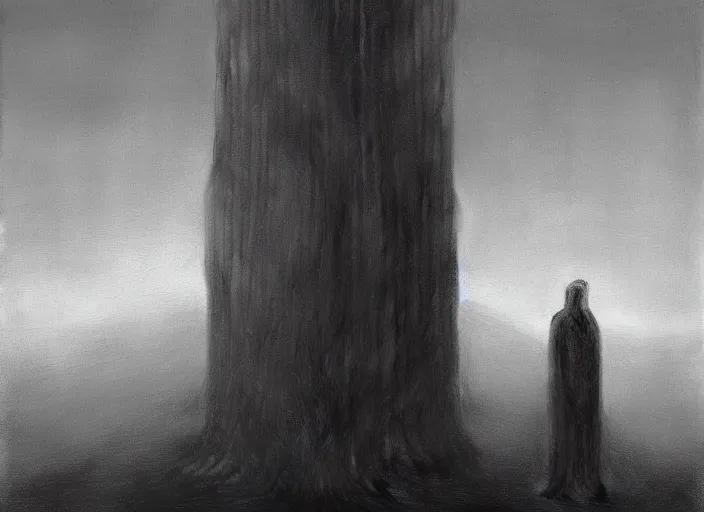 Prompt: painting of omniscient tall statues of gods towering above a hopeless person, by zdzislaw beksinski, by dariusz zawadzki, by wayne barlowe, gothic, surrealism, cosmic horror, lovecraftian, cold hue's, warm tone gradient background, concept art, beautiful composition