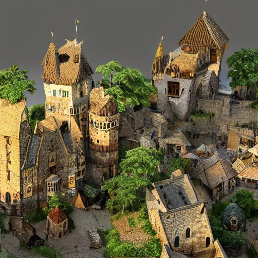 Image similar to A medieval village built on the head of chuthulu Highly detailed 3d fractal, volumetric lighting, sharp focus, ultra-detailed, hyperrealistic, complex, intricate, 3-point perspective, hyper detailed, unreal engine 5, IMAX quality, cinematic, finely detailed, small details, extra detail, symmetrical, high resolution, rendered 3D model, octane render, arnold render, PBR, path tracing, 8k, 4k, HD, hi-res, award-winning, awe-inspiring, ground-breaking, masterpiece , artgem, Dark Fantasy mixed with Socialist Realism, saturated colours