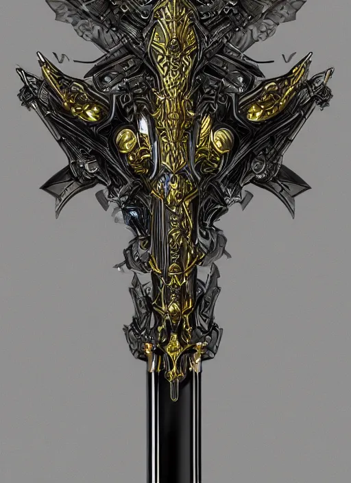 Image similar to legendary glowing sword of cybernetic technology, intricate, sharp black and iridescent blade, ornate gothic baroque spikes coming out, colorful hilt, vivid detailed realistic, ray tracing, colored gems, golden pommel, artstation, deviantart