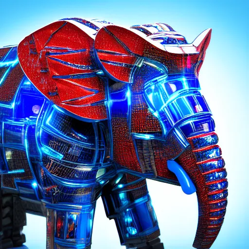 Prompt: hyper realistic cybertronic armored elephant. high details. blue and red leds. complex mechanical body. intricate, trending on art station, 8 k render.