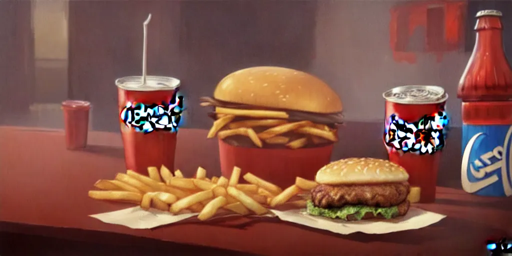 Image similar to MacDonald food, hamburger, french fries, Coca-Cola, redbull. Greg rutkowski