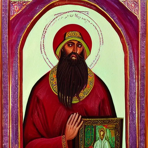 Image similar to habib rieziq shihab as saint with orthodox church styles painting,oil paint