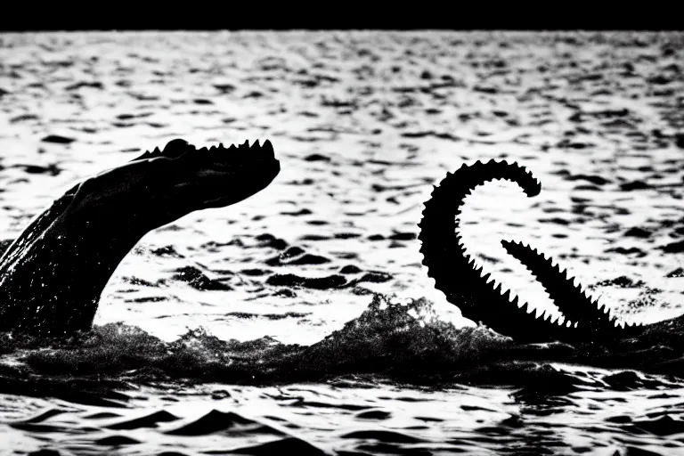 Image similar to a real life sea monster swimming in a lake, sight proof, black and white, blurry, old camera, grainy, motion blur, low focus, full body shot, wide angle