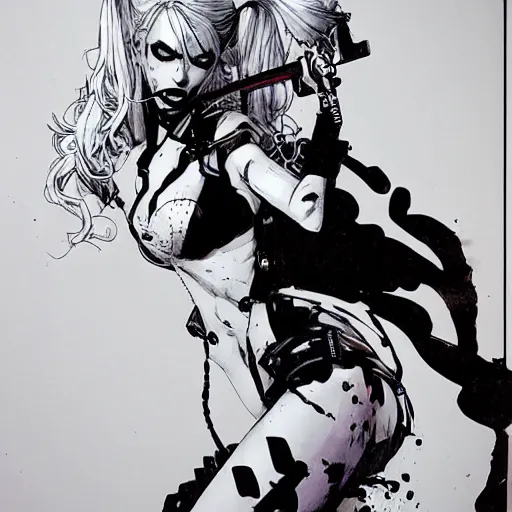 Image similar to dc vertigo Harley Quinn by yoji shinkawa and Ashley wood, black and white, detailed