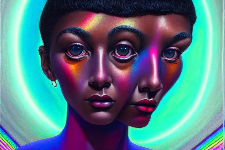 Image similar to patron saint of 🛸🌈👩🏾, futuristic clothing, neon god of city character portrait, in the style of margaret keane, moebius, tom bagshaw, and waterhouse, cinematic lighting, beautiful, elegant, oil painting,