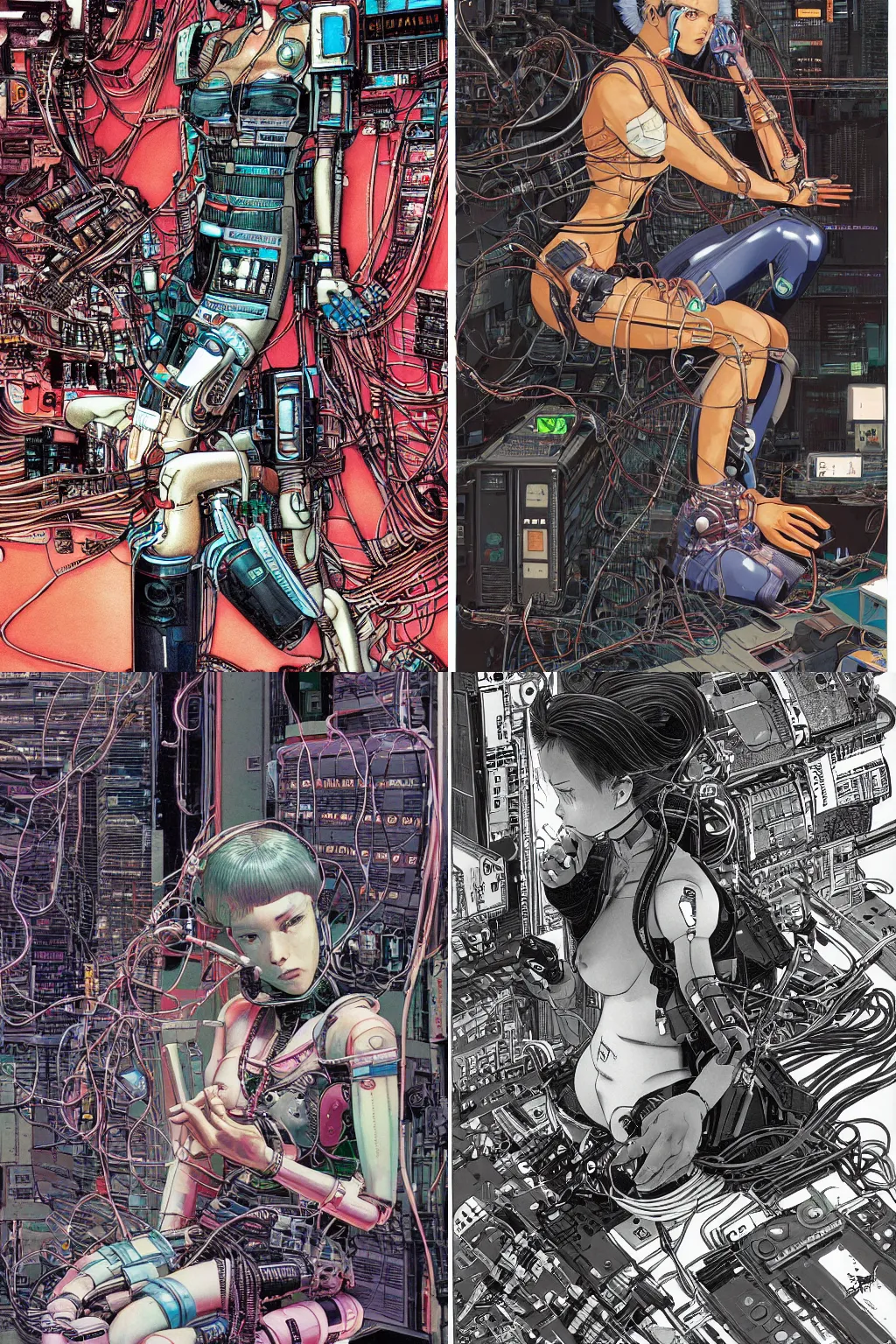 Prompt: an hyper-detailed cyberpunk illustration of a female android seated on the floor in a tech labor, seen from the side with her body open showing cables and wires coming out, by masamune shirow, and katsuhiro otomo, japan, 1980s, centered, colorful