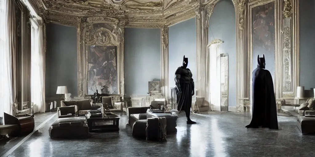 Image similar to Batman standing in giant Italian modern castle living room, clean minimalist design, that is 1300 feet tall, with very tall giant walls filled with modern art paintings, doors that are cosmic portals, photo by Annie Leibovitz