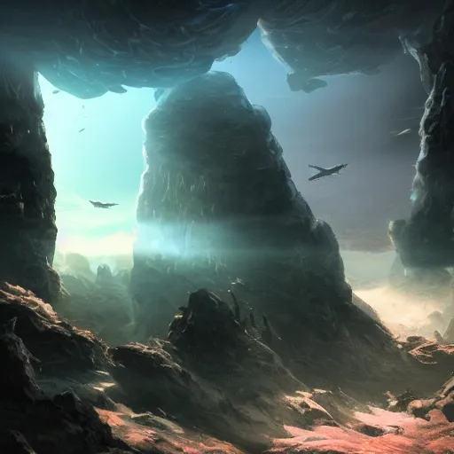 Image similar to sci - fi landscape, concept art, trending on, volumetric lighting, epic composition