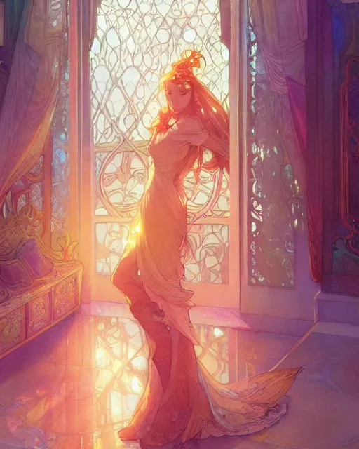 Image similar to secret romance, highly detailed,, gold filigree, romantic storybook fantasy, soft cinematic lighting, award, disney concept art watercolor illustration by mandy jurgens and alphonse mucha and alena aenami, pastel color palette, featured on artstation