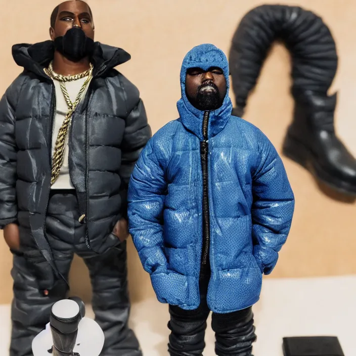 Image similar to a goodsmile figure of kanye west using full face - covering mask with small holes. a small, tight, undersized reflective bright blue round puffer jacket made of nylon. a black shirt underneath. dark jeans pants. a pair of big black rubber boots, figurine, detailed product photo