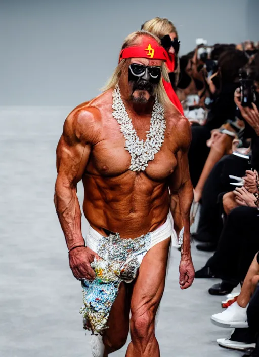 Image similar to hyperrealistic and heavy detailed balenciaga runway show of hulk hogan, leica sl 2 5 0 mm, vivid color, high quality, high textured, real life