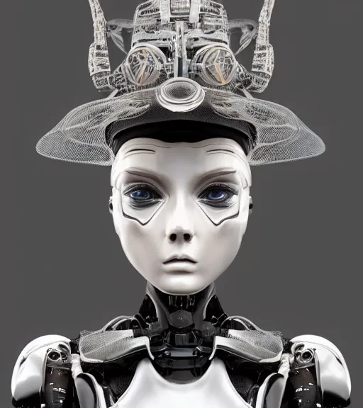 Image similar to a portrait of a extremely intricately detailed beautiful robot wearing on its head a highly detailed perfect render black graduation hat, realism. concept art. unreal engine 5, f / 1. 8, v - ray, ultra hd, 8 k, graduation photo, atmospheric beautiful background and beautiful lighting. hyper realism.