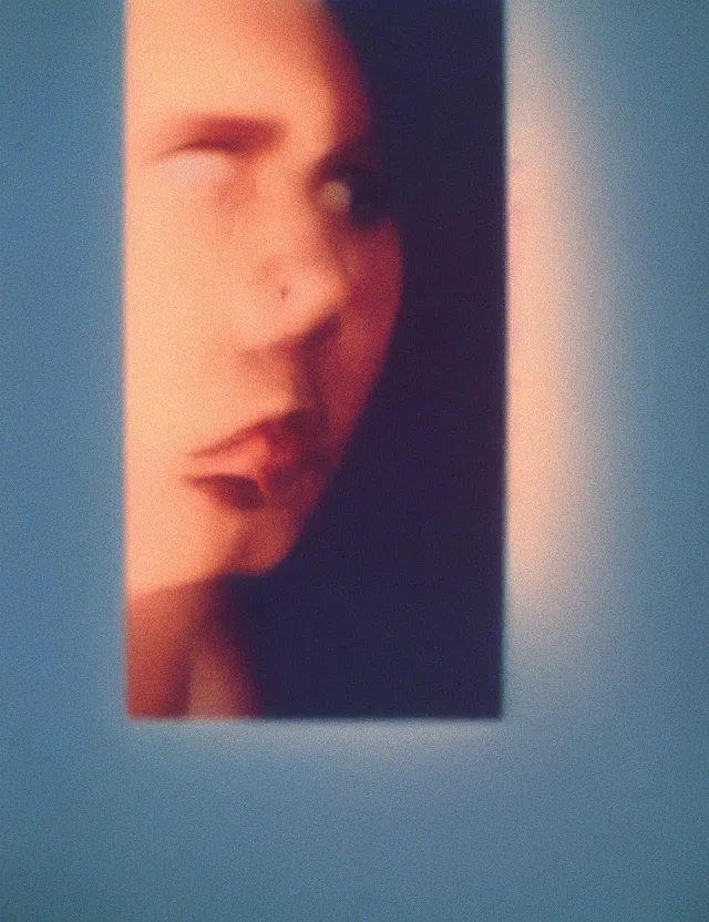 Image similar to woman staring into monitor screen in dark room, blue rays from monitor, redshift, wide shot, coloured polaroid photograph, pastel, kodak film, hyper real, stunning moody cinematography, by maripol, fallen angels by wong kar - wai, style of suspiria and neon demon, david hockney, detailed, oil on canvas