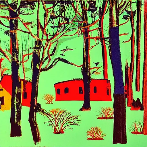 Image similar to an ancient village in a magical forest, painting by andy warhol