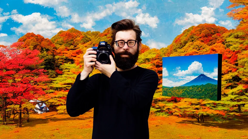 Image similar to portrait of a bearded german photographer holding up a dslr to take a photograph, at a vast temple under a vivid autumn sky, aomori japan, a collage painting, in the style of wes anderson, lola dupre, david hockney, isolated on negative white space background dark monochrome neon spraypaint accents volumetric octane render