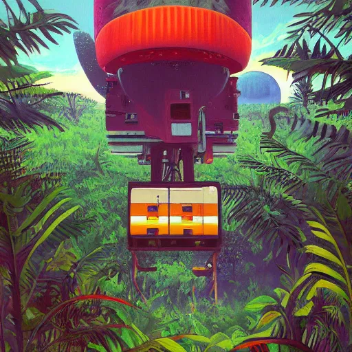 Image similar to beautiful painting of a giant printer in the middle of a jungle in the style of Simon Stålenhag