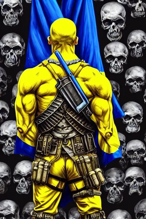 Image similar to a distant shot from behind of a Ukrainian super soldier with blue and yellow flag behind him standing alone on a huge pile of skulls as a winner, masculine muscular figure, D&D, fantasy, intricate, elegant, highly detailed, extremely detailed, digital painting, artstation, concept art, matte, sharp focus, symmetrical, illustration, art by Artgerm and Greg Rutkowski and Alphonse Mucha