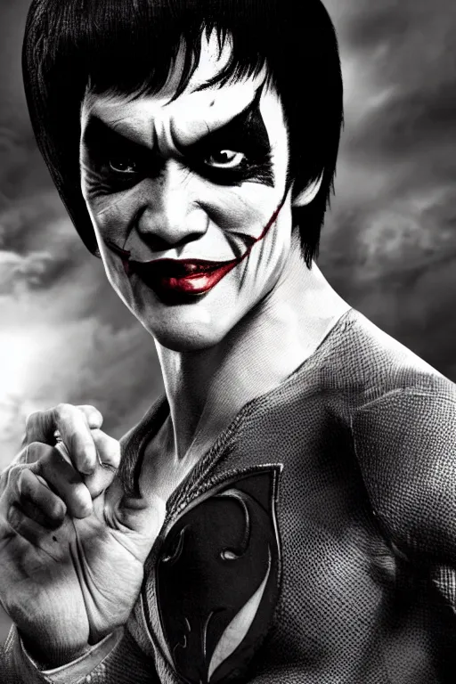 Image similar to A still of Bruce Lee as Joker in The Dark Knight 2008, close-up, sigma male, rule of thirds, award winning photo, unreal engine, studio lighting, highly detailed features, Gotham setting