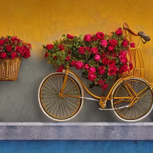 Image similar to a beautiful stunning fantasy digital matte painting of a vintage yellow Schwinn bicycle with a basket of red roses on the front propped up against a blue wall, docu-style photography painted in the style of Grzegorz greg rutkowski, nostalgic heart-warming, trending on artstation hq