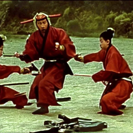 Image similar to a samurai fighting with delicious hot dogs, scene from Kagemusha, 1980, movie still, cinematic, epic,