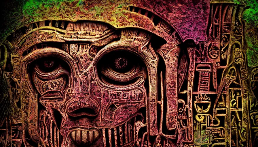 Image similar to h. r. giger hieroglyphs, sorrow intense likely, acid bleeding deep colors, sense of decay given, throw into the abyssal despair, various refining techniques, micro macro auto focus, top photography photo art gallery, realistic photo, insane detail