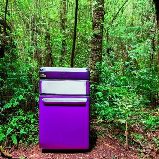 Image similar to purple refrigerator in a jungle, 4k photograph