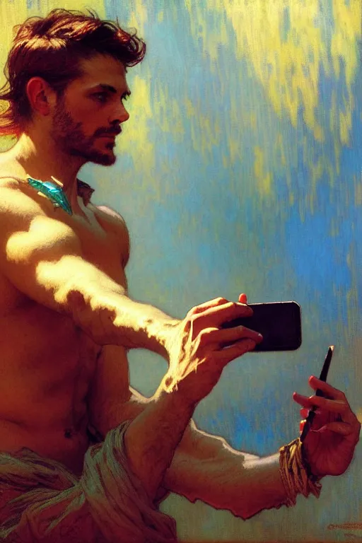 Image similar to attractive man taking a selfie, cool colors, painting by gaston bussiere, craig mullins, greg rutkowski, alphonse mucha