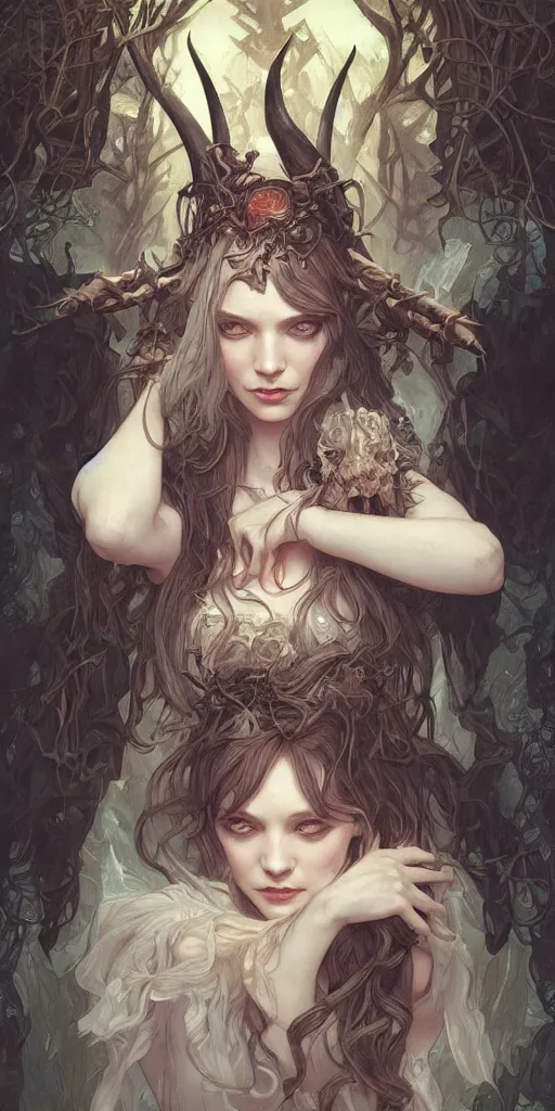 Image similar to a beautiful illustration of a witch with horns in head, young christina hendricks, intricate, sharp focus, illustration, highly detailed, digital painting, concept art, matte, art by wlop and artgerm and greg rutkowski and alphonse mucha, masterpiece